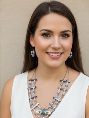 Light Blue Glass Beaded Dragonfly Necklace & Earring Set - Elegant